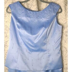 Vtg Karen Miller New York Blue Beaded Formal Gown Womens Size 10 Satin EUC